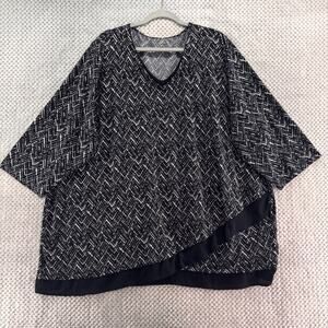 Catherines Top Womens 3X Black White Liquid Knit Stretch V-Neck Half Sleeve